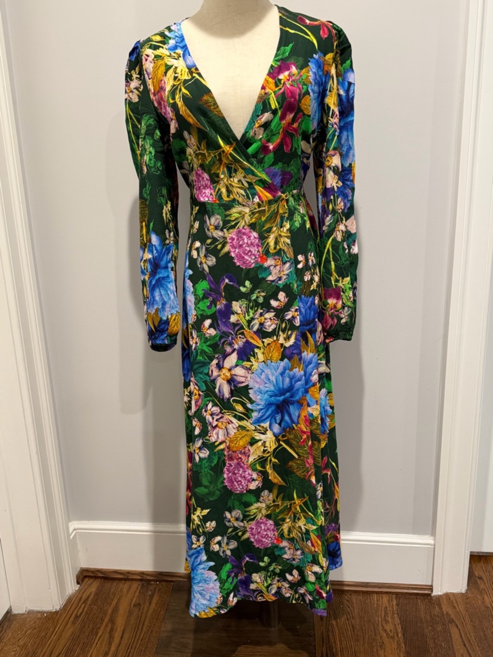 Karen Millen Green Floral Maxi Dress with Blue, Purple and Pink Blooms
